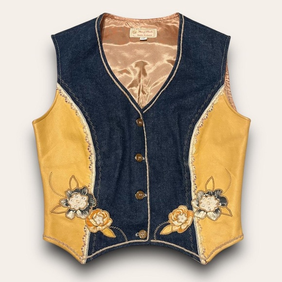 Vintage Denim & Yellow Leather Vest Floral Lace Size 10 Handmade Western Cowgirl - Picture 1 of 7